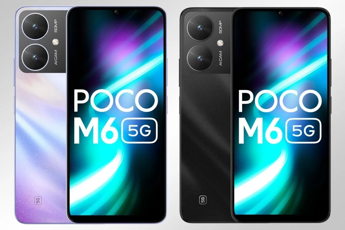 POCO M6 5G exibindo sua tela de 90Hz, processador Dimensity 6100+ e câmera poderosa nas opções de cores Galactic Black e Orion Blue